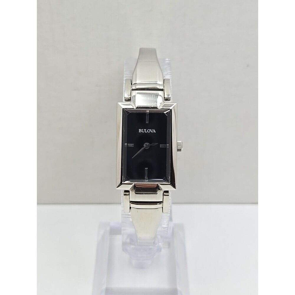 Bulova 96L138 Womens Black Dial Rectangle Stainless Bangle Watch New Battery